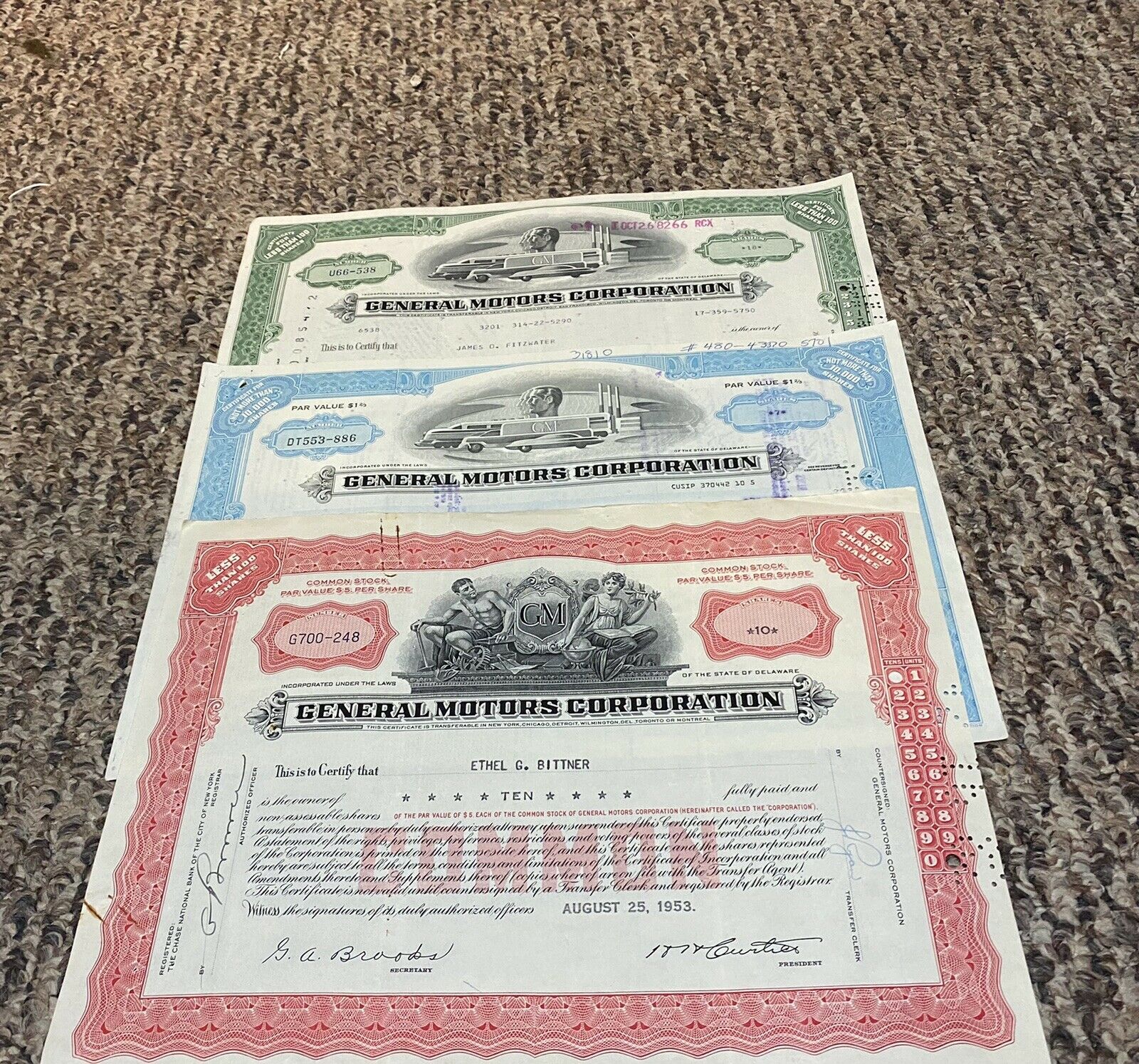 Lot Of 3different Gm / General Motors Corp.  1982 1963 1953 Stock Certificates