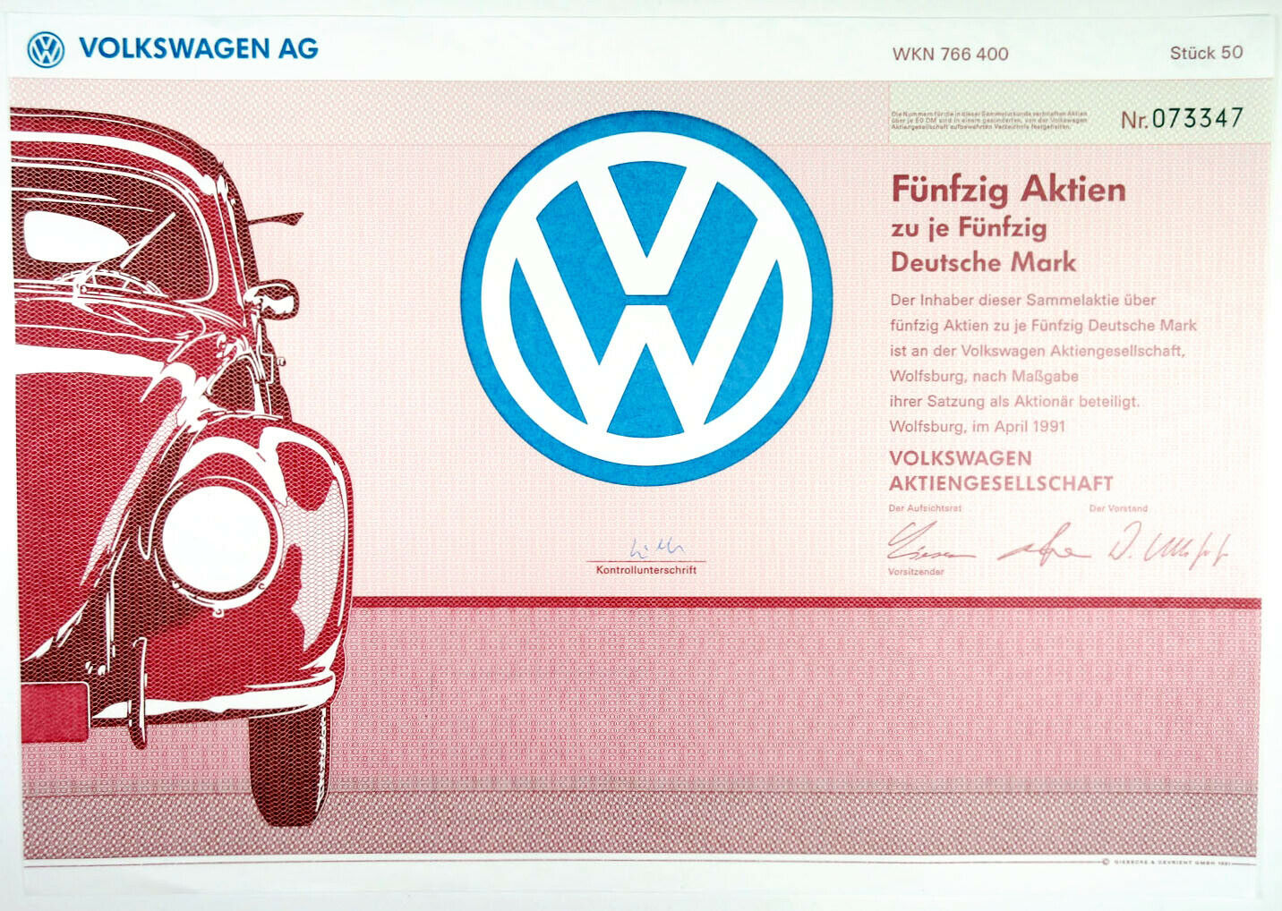Volkswagen Ag., 1991 50 Shrs Remainder Share Cert., Vf Giesecke & Devrient Gmbh