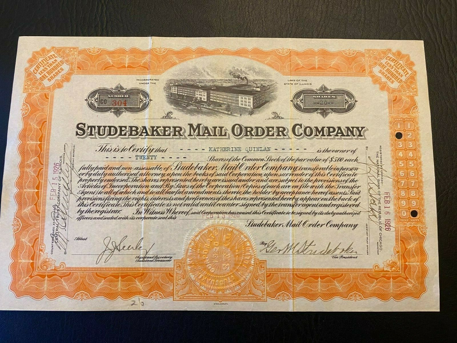 1926 Studebaker Mail Order Co. Stock Cert. Signed By George Studebaker! Rare