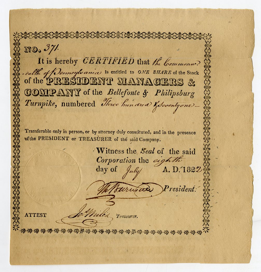 Pa, 1822. 1 Share I/u Cert For Bellefonte & Philipsburg Turnpike, Fine Repaired