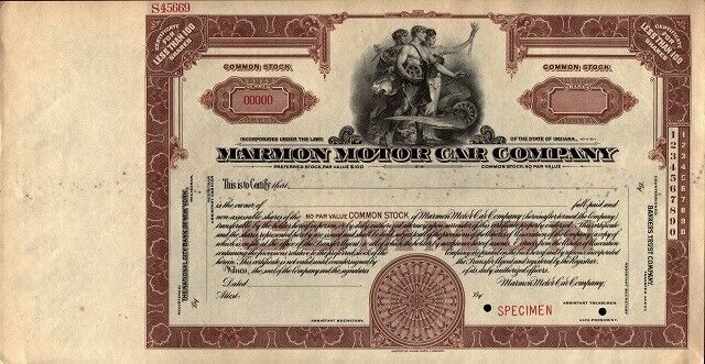 Marmon Motor Car Company  (specimen) Stock Certificate