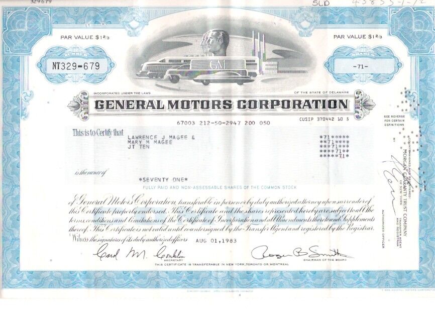 Vintage General Motors Corp. 1983 Stock Certificate 71 Shares Automobilia